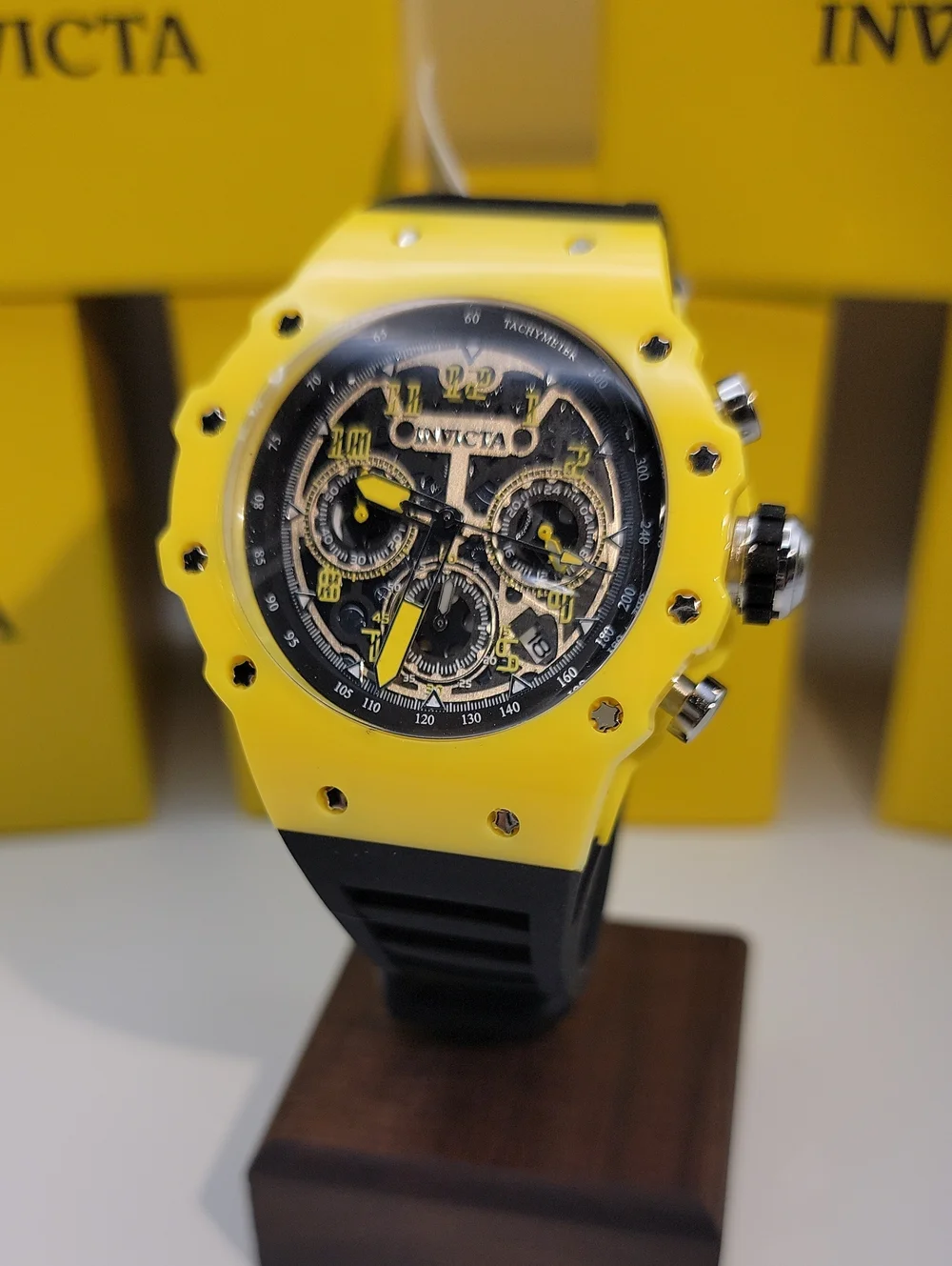 Invicta Racing Black Yellow 69667 Chronograph Men's 44.5mm Vaulthan Watch Unisex